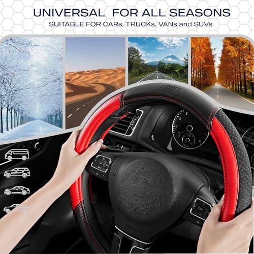 Skechers Air-Cooled Steering Wheel Cover, Leather Car Steering Wheel Cover Universal Fit 14" 1/2-15" Car Wheel Protector for Men Women Fit Suvs,Vans,Sedans,Car,Trucks,Red - color: Red