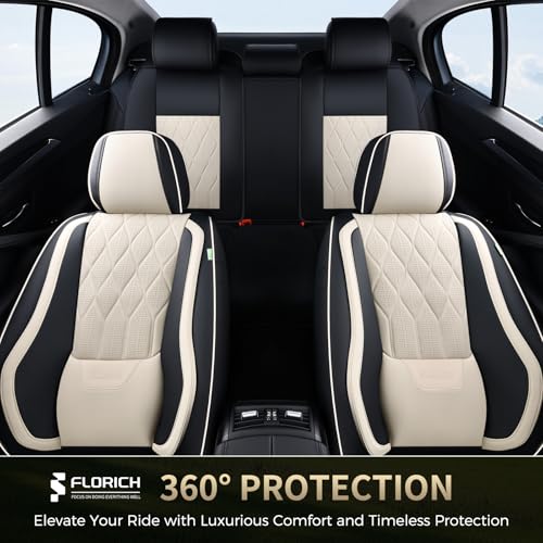 Leather Seat Cover Front Seats Automotive Car Seat Covers Front Seat Cover Waterproof Car Seat Protector with Lumbar Support 2 Pack Universal Fit for Most Cars Sedans Trucks SUV, Black&Beige