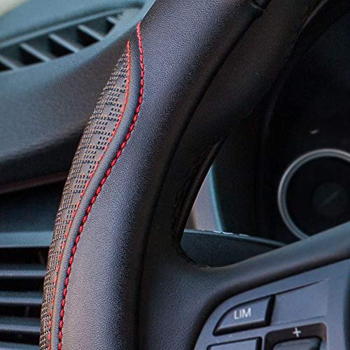 Valleycomfy Leather Steering Wheel Covers Universal 15.75 inch -Breathable, Anti Slip & Odor Free (Black with Red Lines,L(15" 1/2-16")) - color: Red, size: L(15"1/2-16")