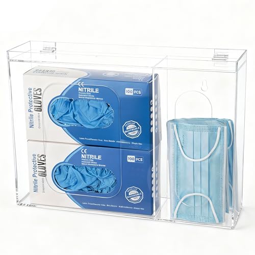 SEANADO Acrylic Disposable Glove Holder for Wall Mount or Tabletop , Clear Glove Box Organizer Rack Dispenser with Lid for Tissues, Beard Cover, Face Masks, Bags,Hairnet and Shoe Covers