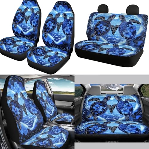 Blue Sea Turtle Car Seat Cover Set for Front and Rear with Steering Wheel Cover 12 Piece Headrest Covers Cup Coasters Armrest Pad Car Accessories Set for Cars Seat Covers - color: Blue Sea Turtle
