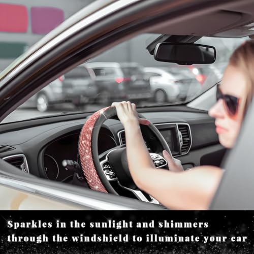 Diamond Leather Steering Wheel Cover, 15 Inch Bling Crystal Rhinestone Anti-Slip Wheel Protector, Universal Sparkling Elegant Diamond Steering Wheels Cover for Women Girl (Red) - color: Red