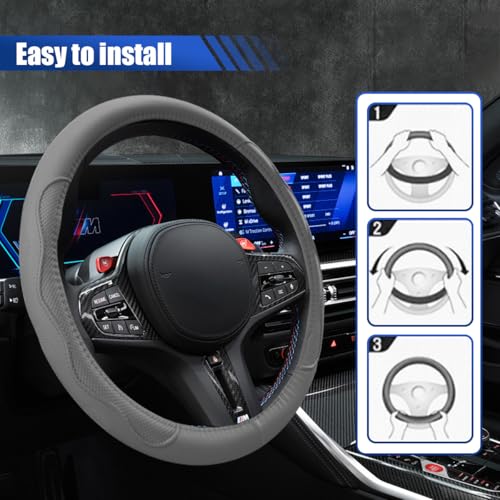 Car Steering Wheel Cover, 15 Inch Leather Anti-Slip Breathable Automotive Steering Wheel Protector, Universal Heat Resistant Vehicle Interior Accessories Cars, SUVs, Trucks(Gray) - color: Gray