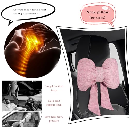 Bow Car Headrest Pillow, Breathable Ergonomic Auto Neck Cushion with Adjustable Strap, Comfy Vehicle Neck Support Pillow Cute Bow Girl-Style Decoration for Driving Seats (Pink)