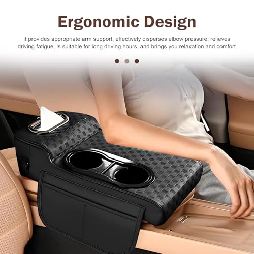 Car Armrest Cushion, Classic Grid Pattern Car Center Console Cover Pad, Waterproof 4-in-1 Armrest Cover with Tissue Box, Cup Holder, 2 Storage Bags, Universal for Most Cars (Black) - color: Black