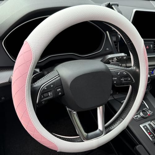 LKWLIKEI Nappa Leather Steering Wheel Cover,Elegant Diamond Checkered Design, Non-Slip wear-Resistant, Enhance Driving Comfort, Suitable for Steering Wheel Diameter 14 1/2‘-15’ Models.White and Pink - color: White and pink