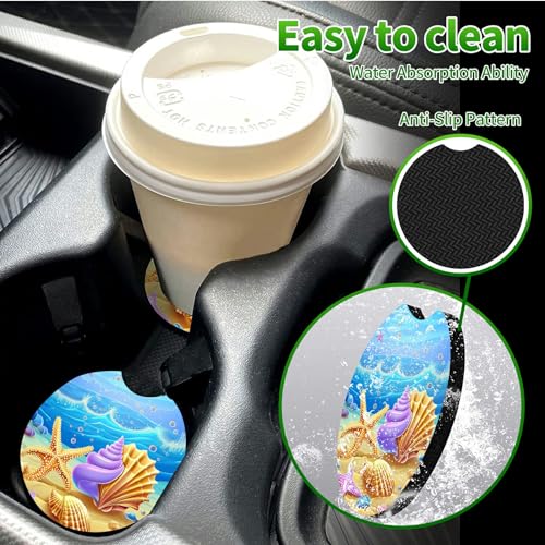 Universal Auto Center Console Pad and 2Pcs Car Coasters Set, Anti Slip Soft Neoprene Car Armrest Seat Box Cover Protector Universal Fit - Car Interior Accessories, Beach - color: 513