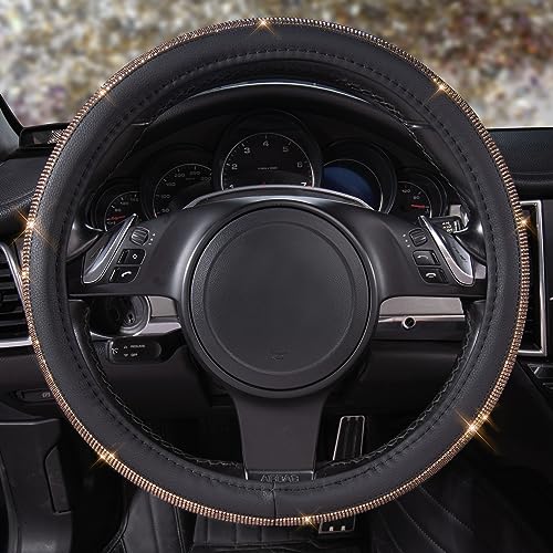CAR PASS Bling Champagne Diamond Steering Wheel Cover, Black Leather Universal Fit 14.5-15inch Glitter Rhinestones for Women Sparkle Crystal Girly Shining for SUV,Vans,Sedan,Car,Truck, Black Champagne - color: Gold Champagne