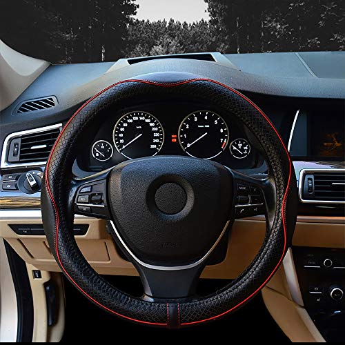 Valleycomfy Steering Wheel Covers Universal 15 inch - Genuine Leather, Breathable, Anti Slip & Odor Free (Black with Red Lines, M(14" 1/2-15" 1/4)) - color: Black with Red Lines, size: M(14"1/2-15"1/4)