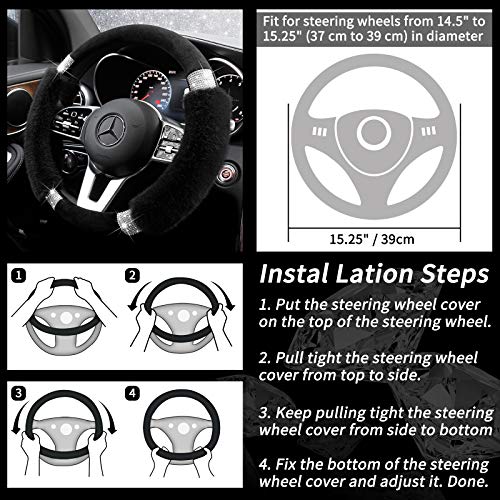 Achiou Rhinestone Fluffy Steering Wheel Cover - Comfortable Non-Slip Luxury Faux Wool, Universal Fit for 14.5" to 15" Steering Wheels - color: Black and Black