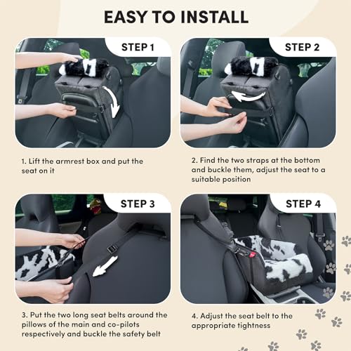Center Console Small Dog Car Seat - Portable Pet Cat Puppy Booster Armrest Carseat Up to 11lbs, Anti-Collapse Comfort Car Travel with Washable Fluffy Cushion and Pillow, Milk Cow