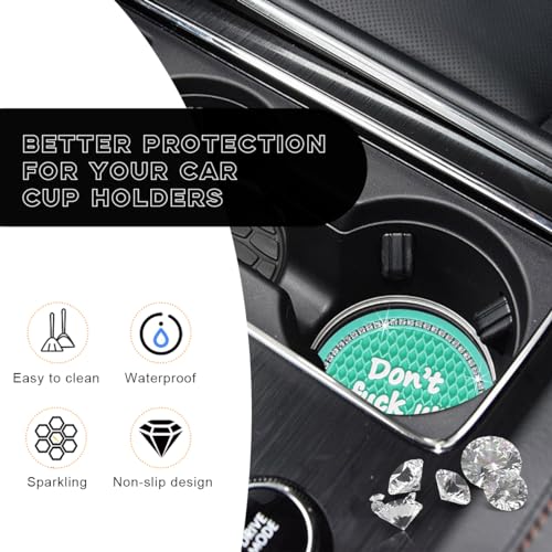 Bling Car Cup Coaster, 2.75 Inch Non-Slip Don't Fuck Up My Car Please Cup Holder Insert Coaster, Crystal Rhinestone Auto Drink Cup Mat, Universal Car Accessories (Green-4PCS)