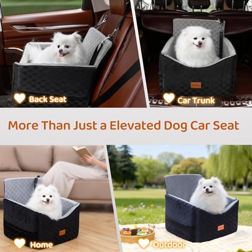 Dog Car Seats for Small Medium Dogs Up to 35lbs | Elevated Dog Booster Seat with Detachable Washable Cover & Cushion | Memory Foam Pet Car Travel Seat with Safety Belt and Storage Pockets (Black Grey)