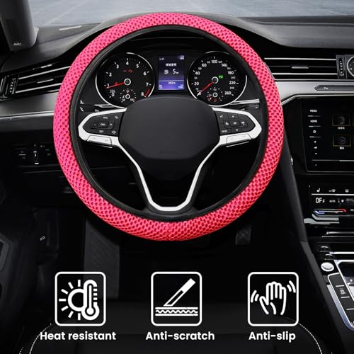 Elastic Stretch Car Steering Wheel Cover, Comfortable Steering Wheel Cover Universal for 14.5-15 Inch, Warm in Winter & Cool in Summer, Anti-Slip Breathable Ice Silk (Rose Red) - color: Rose Red