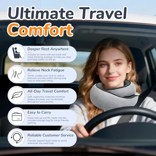SYNNA Travel Neck Pillow for Airplane & Car, 360° Head and Chin Support, Ergonomic Memory Foam with Silky-Smooth Washable Cover for Flights, Road Trips & Office Naps