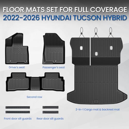 Floor Mats Set for Hyundai Tucson 2022-2025 2026 Hybrid Version (Not fit Gas and PHEV), All Weather TPE Cargo Liner Backrest Mat Trunk Mat Door Sill Guards Accessories