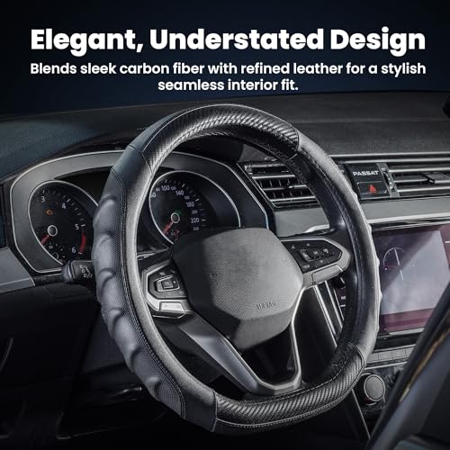 Carbon Fiber D Shaped Steering Wheel Cover – Universal 15 Inch (14.5-15″) Flat Bottom Steering Wheel Cover – Non Slip Leather Grip with Gel Comfort Padding – Sporty Design for Cars, SUVs & Trucks