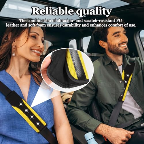 Hovom 2PCS Bling Car Seat Belt Cover Pad, Leather Seatbelt Covers for Cars, Soft Safety Seatbelt Shoulder Strap Covers, Rhinestone Auto Seat Belt Protector Cushion for Women Girls (Yellow) - color: Yellow