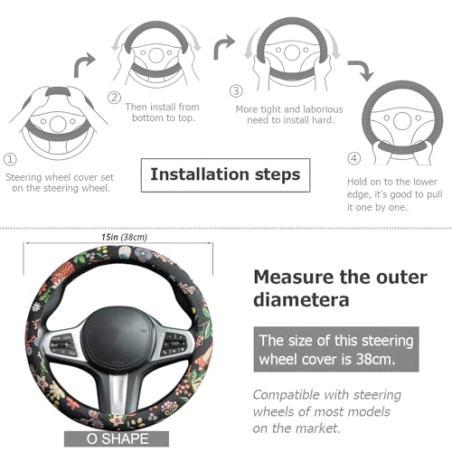 Black Cat Flower Steering Wheel Cover Auto Jacquard Steering Wheel Protector, Anti-Slip, Breathable, Absorbing Sweat, Universal Cat Car Accessories 14.5–15 inch,Fit for Most Car, Trucks, SUV - style: Black Cat Flower JQ
