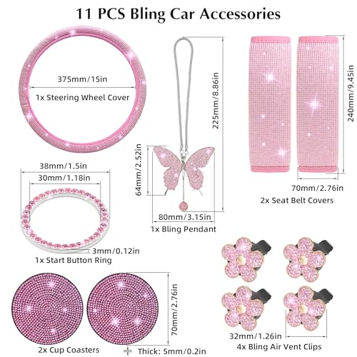 ARTILAURA 11 PCS Bling Car Accessories Set for Women Steering Wheel Covers Butterfly Hanging Seat Belt Cover Air Vent Clips Coasters Cute Glitter Diamond AUTO Accessories Kit (Pink) - color: Pink