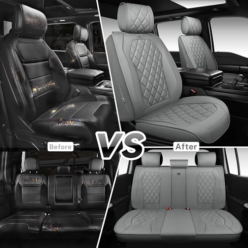 CAR PASS Luxury Nappa Leather Seat Covers Full Set, 3D Rhombus Waterproof Faux Leather Seat Covers, Universal Automotive Seat Cushion Fit for Most Sedan SUV Truck Van, Armrest Airbag Compatible Gray - color: gray