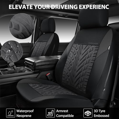 CAR PASS Neoprene Waterproof Seat Covers Full Sets, Wetsuit Car Seat Covers 5 Seats Universal Fit Vans, Truck, SUV, 3D Tyre Embossed Seat Covers Anti Slip with Armrests, Aibag Compatible(Black Gray) - color: Charcoal Neoprene Full sets, size: Full sets