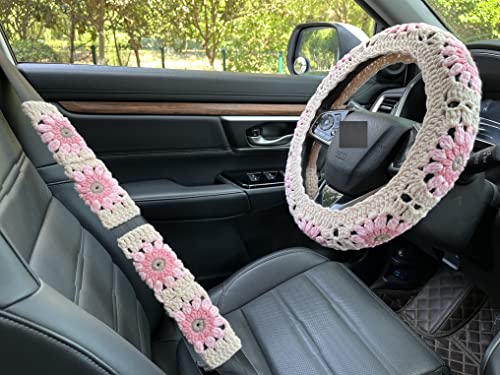 Crochet Sunflower Car Steering Wheel Covers Light Pink Universal 14-15 inch for Women/Men (Steering Wheel Cover+2 Belt Cover) - color: Steering Wheel Cover+2 Belt Cover