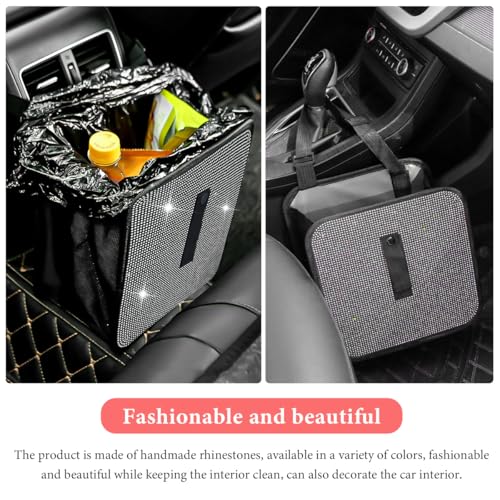 Car Foldable Trash Can, Bling Rhinestone Oxford Garbage Container Hanging Waterproof Organizer, Mini Crystal Dustbin Waste Basket Leakproof Trash Bin for Car Office Kitchen (White) - color: White