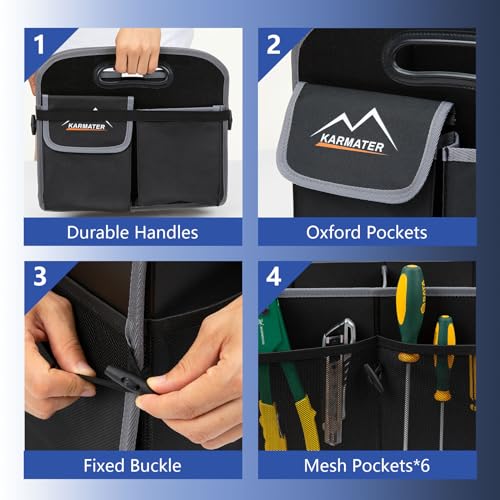Car Trunk Organizer,Machine Washable PP Materials 3 Compartments Car Storage,95L Waterproof Polyester Cars Accessories Organizer and 6 Pockets, Suitable for SUV, Minivan, Truck(Black)