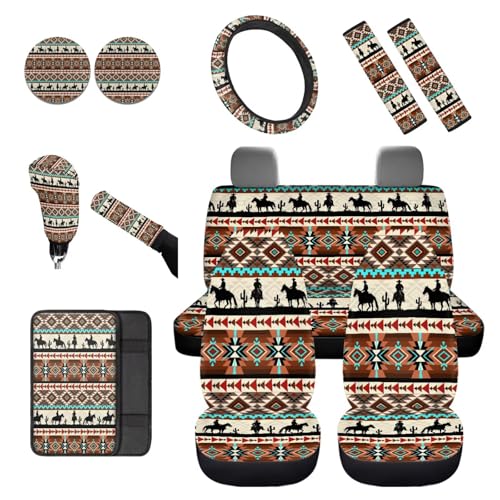 Dreaweet Aztec Car Seat Covers Full Set Western Cowboy Pattern Car Accessories for Men,Universal Steering Wheel Cover/Center Console Cover/Seatbelt Covers/Coasters/Gear Shift Cover and Handbrake Cover - color: Aztec Cowboy