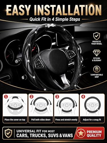 Bling Sparkly Crown Soft Leather Car Steering Wheel Cover for Women Girl,Bling Diamond Crystal Glitter Rhinestones Universal Fit 14.5in-15in Auto Wheel Protector for Suvs,Vans,Sedans,Cars (Bow-Black) - color: Bow-Black