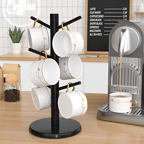 Wisuce Bamboo Coffee Mug Holder Tree, Thicker Base Coffee Cup Holder Stand for Counter, Mug Rack with 6 Hooks (Black) - color: Black
