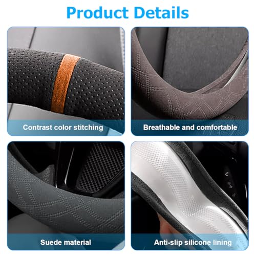Car Steering Wheel Cover, Suede Non-Slip Breathable Vehicle Protector with Silicone Inner Ring, Automotive Interior Protection Guard Accessories, Universal for SUV, Sedan, Truck (Black/Orange)