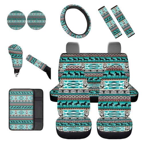 Dreaweet Aztec Car Seat Covers Full Set Native American Dreamcatcher and Horse Seat Covers with Steering Wheel Cover,Armrest Pads,Seat Belt Pads,Coasters,Gear Shift & Handbrake Cover,Universal Fit - color: Aztec Dreamcatcher Horse