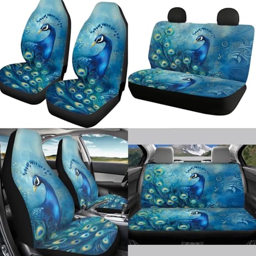 Blue Peacock Print Auto Front Rear Seat Cover Set for Women Car Accessories Full Set 12 Pcs Steering Wheel Covers Set Armrest Pad Gear Shift Cover Cup Coasters for SUV Truck Sedan - color: Blue Peacock