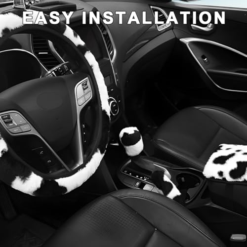 4 PCS Cow Print Car Accessories Set, Fluffy Cow Print Plush Steering Wheel Cover, Gear Shift Cover, Warm Fuzzy Console Armrest Pad & Handbrake Cover, Car Decoration Accessories