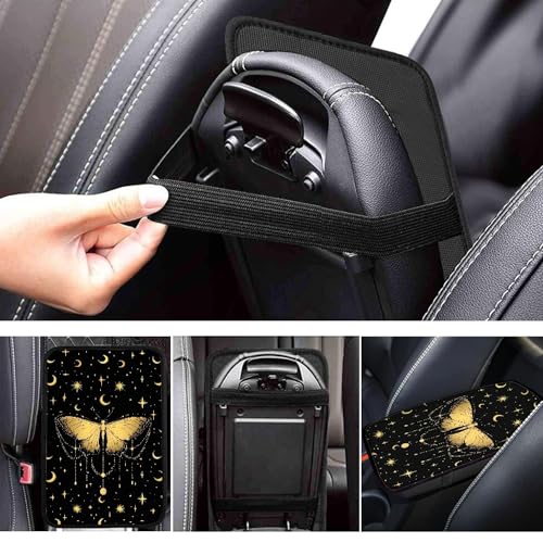 Gold Butterfly Moon Stars Car Center Console Cover,Car Armrest Cover Cushion,Universal Car Armrest Storage Box Car Interior Accessories - color: Gold Butterfly Moon Stars