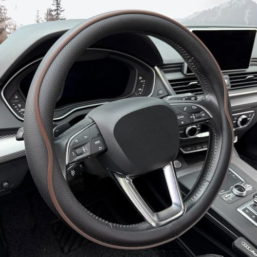 HAOTULE Leather Steering Wheel Cover, with Anti-Slip Stripe Design - Enhanced Grip, Fashion Style, Safe, Non-Slip, Breathable. Upgrade car Interior,Black Brown - color: Black Brown
