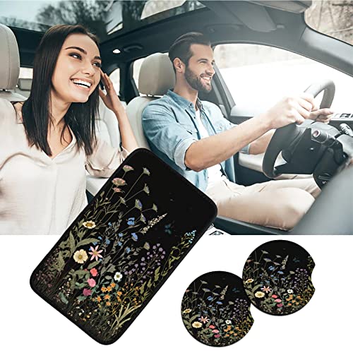 Car Armrest Cover Pads Universal Fashion Cute Auto Center Console Armrest Cover Pad with 2PCS Car Coasters Soft Waterproof Car Armrest Seat Protector for Women Girls, Wildflowers