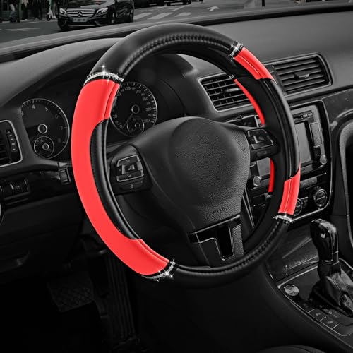 Road Comforts Leather Steering Wheel Cover - Made with PVC Leather - Anti-Slip, Universal Fit 14 1/2 inches to 15 inches - Red - color: Red