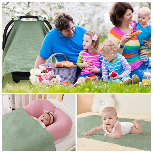 SERAPHY 100% Muslin Cotton Car Seat Cover Baby, 2 Pack Universal Carseat Covers Baby Boy Girl, Breathable Car Seat Canopy, Soft Infant Car Seat Cover for Summer and Winter—2 Pcs Green&Forest - color: Green&Forest