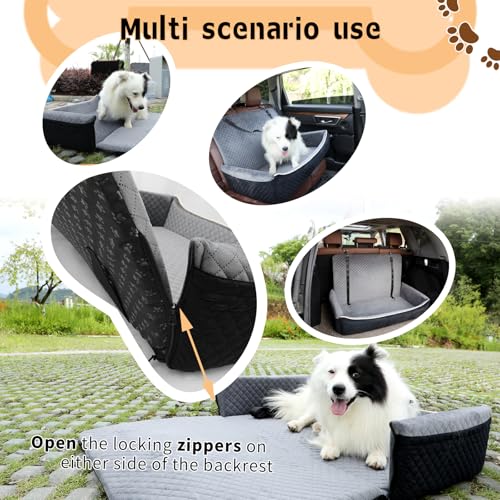 Large Dog Car Seat Under 60 lbs or 2 Small Dogs Dog Bed for Car Back Seat with Seat Belt Fixation The Seat Fabric Soft and Comfortable Removable and Washable.(Black Brown)