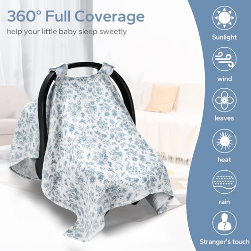 SERAPHY 100% Muslin Cotton Car Seat Covers for Babies - Universal, Breathable Canopies for Boys and Girls - Soft Summer Car Seat Cover - Blue Flowers - color: Blue Flowers
