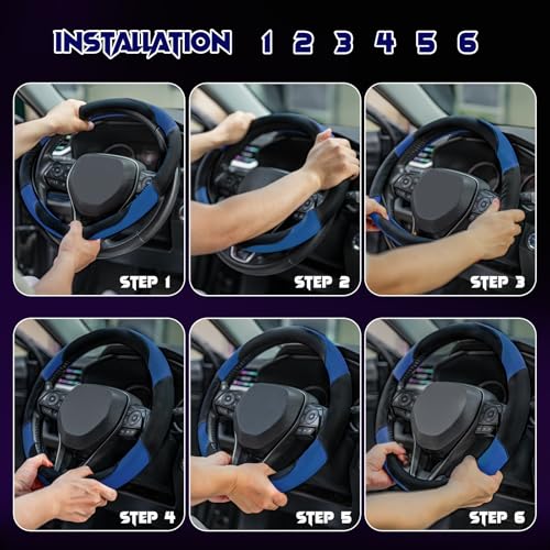 Soft Leather Steering Wheel Cover with Breathable Design and Anti-Slip Grip, Fully Compatible with Tesla, Toyota, Honda, Nissan 14.5-15.2 inch Round Steering Wheel(Sedans and SUVs) - color: DOUBLE-BLUE