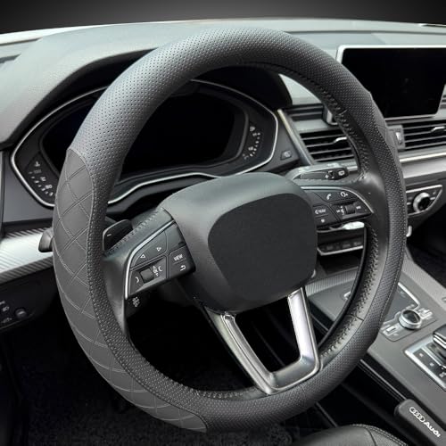 Nappa Leather Steering Wheel Cover, Elegant Diamond Checkered Design, Non-Slip wear-Resistant, Enhance Driving Comfort, Suitable for Steering Wheel Diameter 14 1/2‘-15’ Models.Black - color: Black