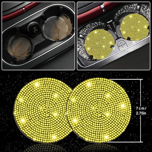 NBTEPEM 27 PCs Yellow Bling Car Accessories Set for Women, Steering Wheel Covers Universal Fit 15 Inch, Bling License Plate Frame, Bling Phone Holder, Bling Car Coasters (Yellow Diamond) - color: Yellow Diamond