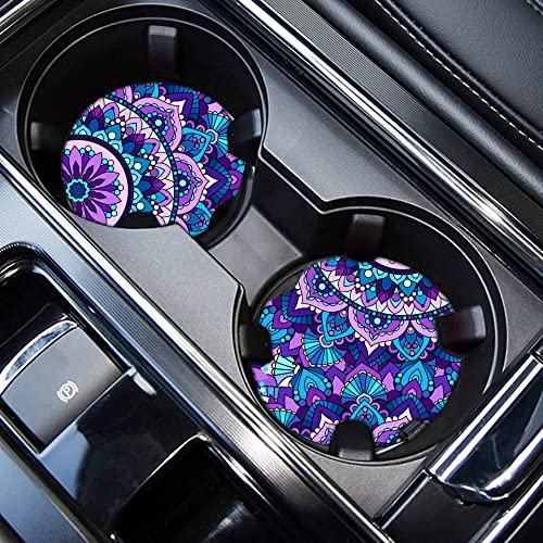 4 Pieces Mandala Purple Lotus Steering Wheel Cover Set with 2pcs Car Cup Coasters & Quarter Keyring, Cute and Fashionable Non-Slip Purple Steering Wheel Cover, Universal Fit 14-15.5 inches - color: Purple Mandala