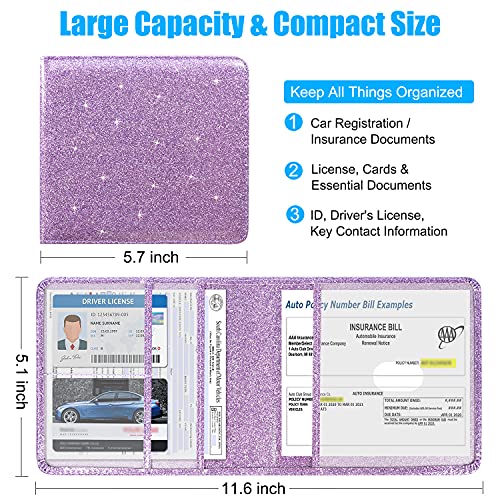 DMLuna Car Registration and Insurance Holder, Folio Leather Vehicle Card Document Glove Box Organizer, Driver License Cards, Glitter Purple - color: Glitter Purple, size: Folio Style