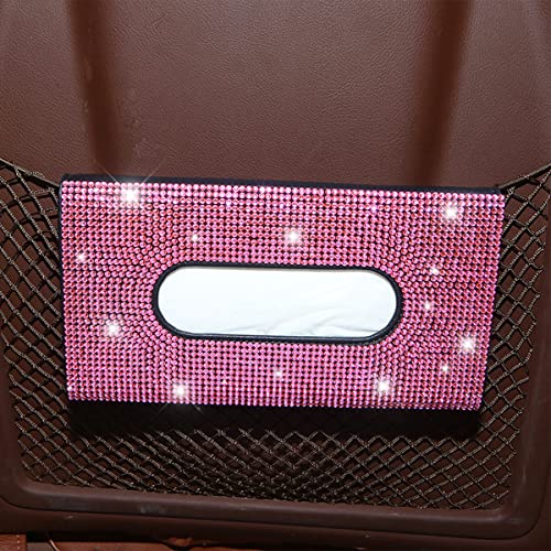Bling Car Sun Visor Tissue Box Holder, Rhinestone PU Leather Crystal Sparkling Napkin Holder, Backseat Paper Towel Cover Case Car Accessories for Women (Pink)