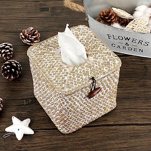 Sumnacon Tissue Box Cover Square Seagrass Tissue Box with Lid, Woven Tissue Box Holder Rustic Cube Tissue Cover for Bathroom Toilet Bedroom Living Room Kitchen Table Desk Office Car, Whitewash - color: Whitewash